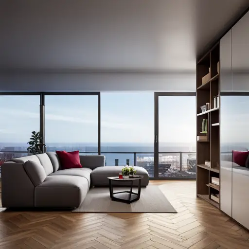 An image of a modern, minimalist apartment with hardwood floors that are both visually appealing and durable