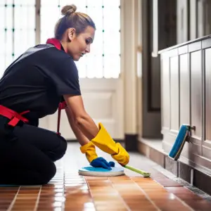 An image of a person using a soft-bristled brush to gently scrub grout lines between ceramic tiles, with a bucket of warm soapy water and a microfiber cloth nearby