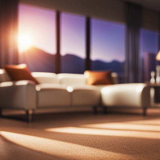 An image of a cozy living room with sunlight streaming in, featuring a close-up of cork flooring