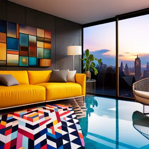 An image of a modern living room with a bold and bright geometric patterned floor