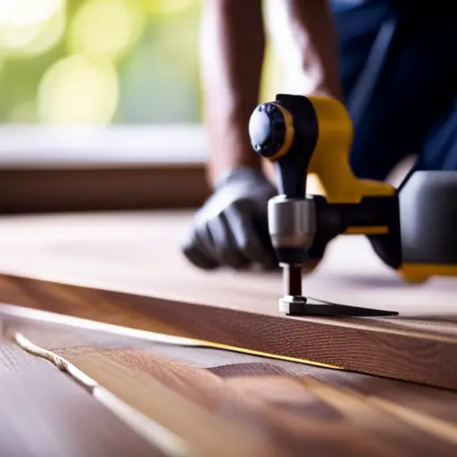 An image of a person measuring and cutting hardwood flooring planks, using a level and hammer to install them