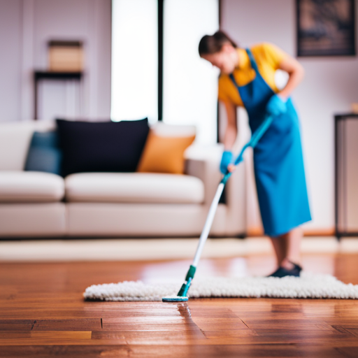 An image of a person using a reusable mop and a natural cleaning solution made from vinegar and essential oils to scrub a hardwood floor