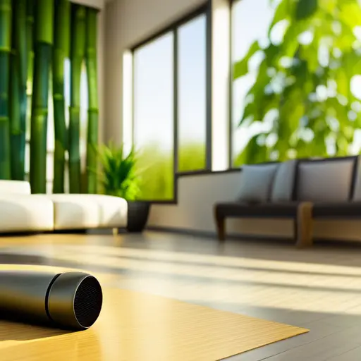 An image of a modern, airy living room with bamboo or cork flooring, large windows showcasing natural light, and a prominent green building certification plaque on the wall