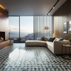 An image of a modern living room with patterned tile flooring, large windows, and natural wood accents