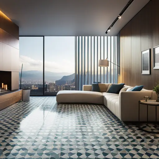 An image of a modern living room with patterned tile flooring, large windows, and natural wood accents