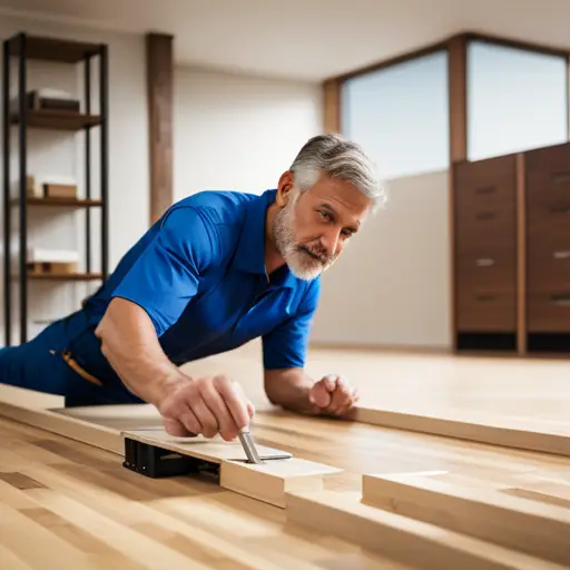 An image of a professional installer laying down interlocking planks of a floating floor, with a close-up of the seamless connection between the planks