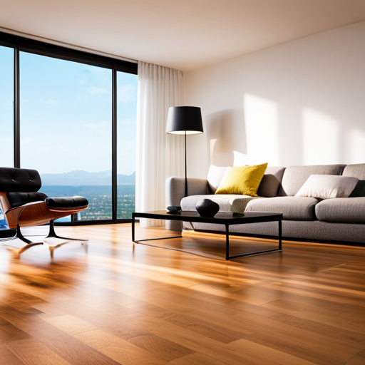 An image of a spacious and well-lit living room with hardwood flooring, showcasing the natural beauty and durability of the material