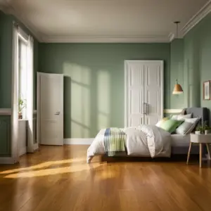 An image of a room with hardwood flooring in a warm, honey tone paired with soft, sage green walls