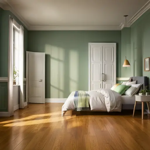 An image of a room with hardwood flooring in a warm, honey tone paired with soft, sage green walls