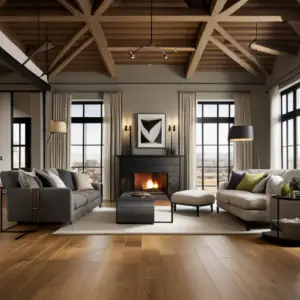 an image of a rustic home interior with wide-plank hardwood flooring, exposed wooden beams, and natural stone accents