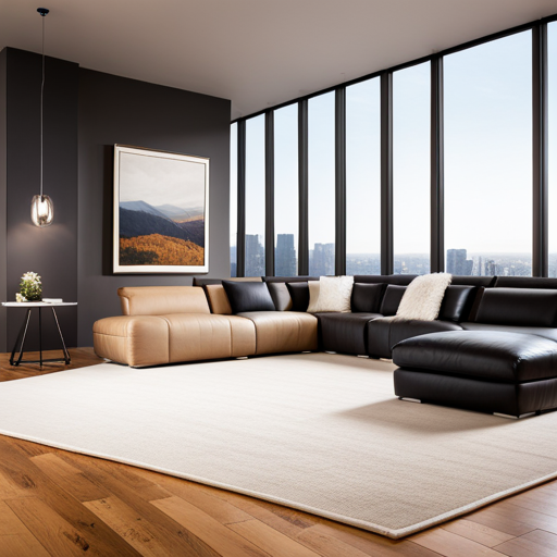 An image of a spacious living room with light hardwood floors, a modern area rug, and large windows letting in natural light