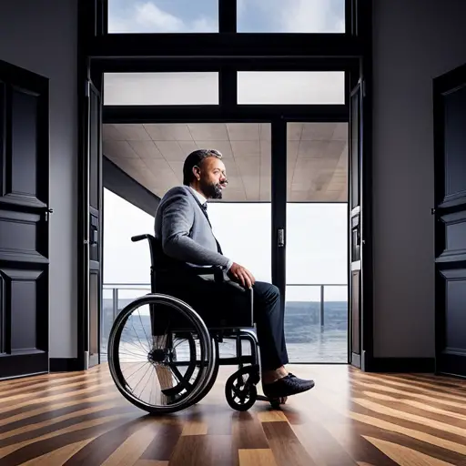 An image showing a person using a wheelchair navigating through a room with various flooring types, such as carpet, hardwood, and tile, to illustrate the challenges and considerations for accessibility