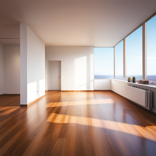 An image of a spacious, uncluttered room with light-colored, seamless flooring, such as polished concrete or wide-plank hardwood, that complements the minimalist aesthetic