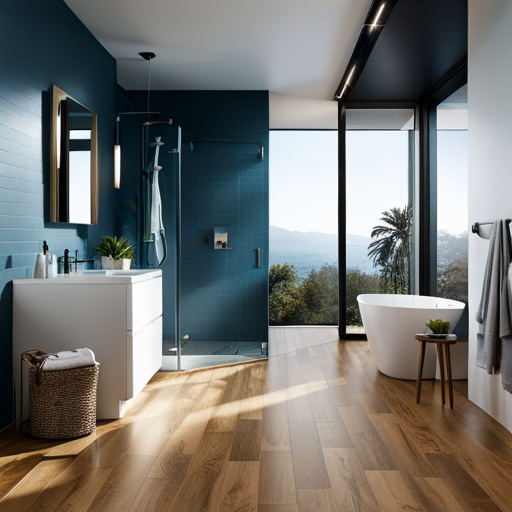 An image of a bathroom with water-resistant vinyl plank flooring, a dehumidifier, and a shower with glass doors to illustrate the best flooring options for high-moisture environments