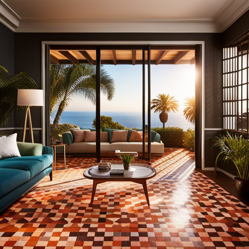 An image of a sun-drenched living room with terracotta tiles, a vibrant patterned rug, and dark hardwood accents, evoking the warm and inviting atmosphere of a Mediterranean-style home