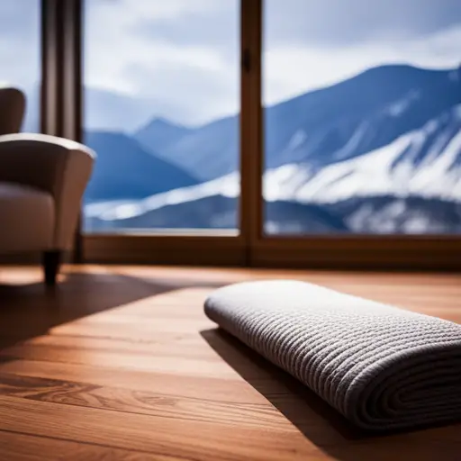 An image of a cozy seasonal home with wood-look vinyl flooring, a plush area rug, and large windows overlooking a snowy landscape, showcasing the perfect flooring solutions for seasonal homes