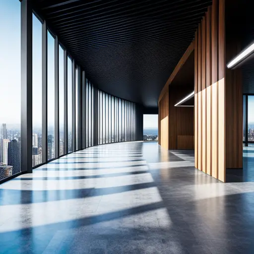 An image featuring a modern commercial space with sleek, polished concrete flooring, accented with geometric patterned tiles in vibrant colors, and large windows allowing natural light to illuminate the space