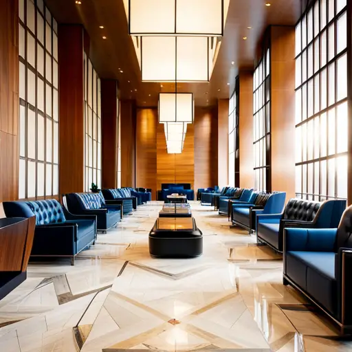 An image of a luxurious hotel lobby with a marble-inspired vinyl flooring, plush carpeting, and sleek hardwood accents