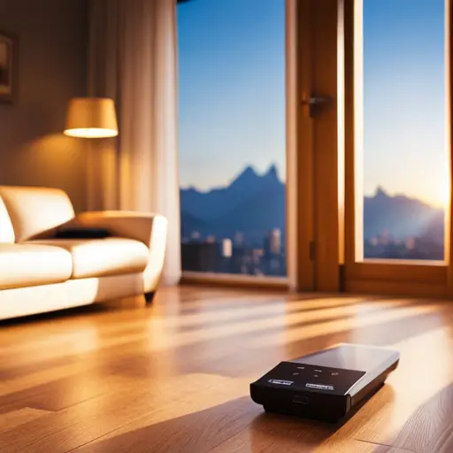 an image of a cozy living room with a hardwood floor and a glowing, warm heated flooring system installed