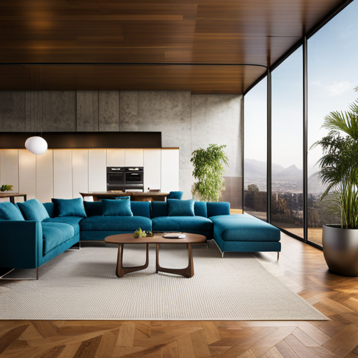 An image of a spacious, well-lit living room with hardwood flooring and stylish area rugs