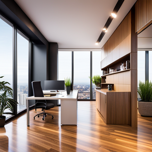 An image of a modern office space with sleek, hardwood flooring, large windows, and green plants