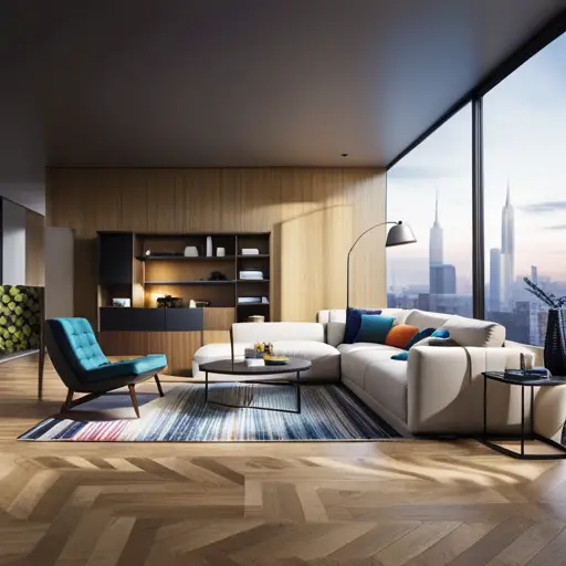 An image of a spacious, well-lit living room with hardwood floors and a colorful, patterned rug