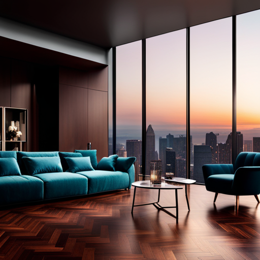 a high-angle shot of a spacious, well-lit living room with rich, dark hardwood flooring