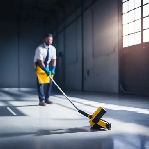 An image of a person using a leveling tool to smooth out a concrete floor, with bags of self-leveling compound and a trowel nearby