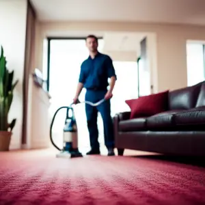 An image of a person using a carpet cleaner to remove a red wine stain from a cream-colored rug