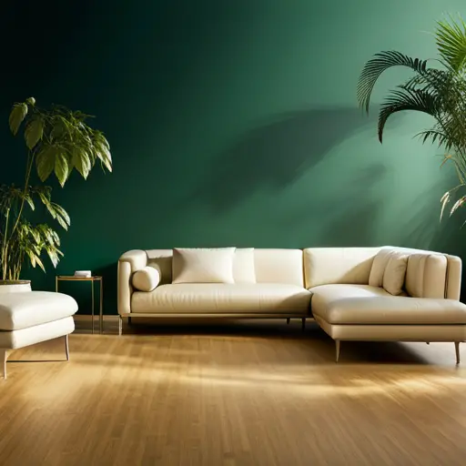 An image of a modern living room with sustainable bamboo flooring, surrounded by eco-friendly furnishings and plants