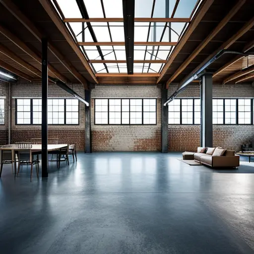 An image of a spacious loft with polished concrete flooring, exposed beams, and modern industrial decor