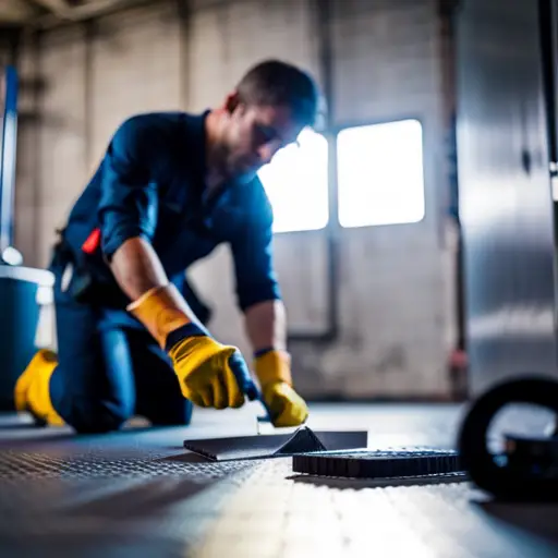 An image of a person wearing work gloves and using a trowel to spread adhesive on a floor