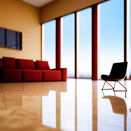 An image of a spacious, well-lit room with a high ceiling and luxurious marble flooring