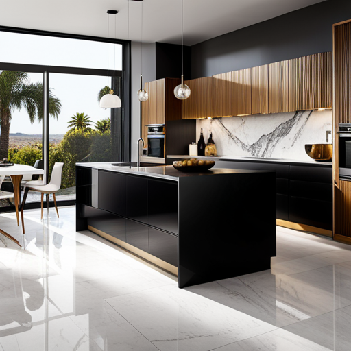 An image featuring a high-end, modern kitchen with large format marble tile flooring, metallic accents, and sleek cabinetry to illustrate luxury tile flooring trends for upscale homes