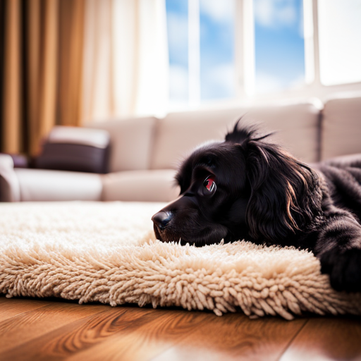 An image of a cozy living room with a large, fluffy dog lying on a hypoallergenic carpet, surrounded by durable and scratch-resistant hardwood or laminate flooring options