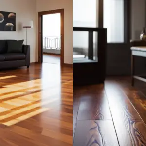 image of a hardwood floor with visible sun damage, such as faded or discolored areas, and then another image of the same floor restored to its original color and luster after treatment