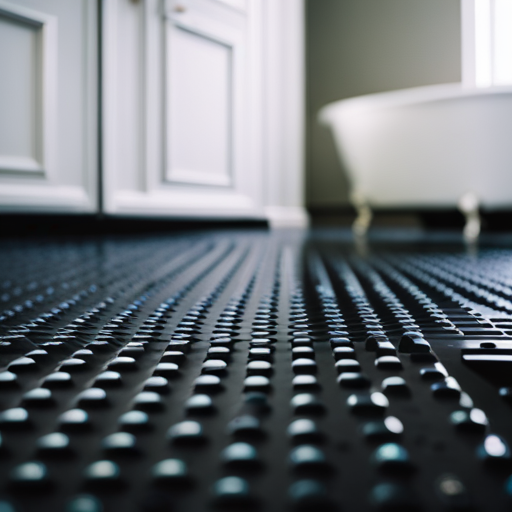 an image of a bathroom floor with a high-quality, waterproof bath mat placed in front of the shower or bathtub, preventing water damage and ensuring safety