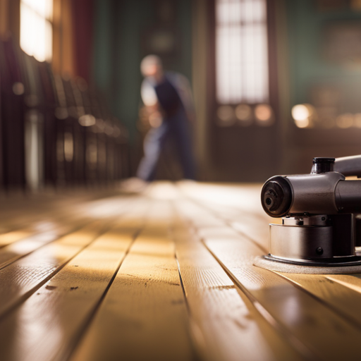 a close-up image of a weathered, scratched old wooden floor being sanded down to reveal its original smooth and glossy surface, with the natural wood grain and warm tones coming through