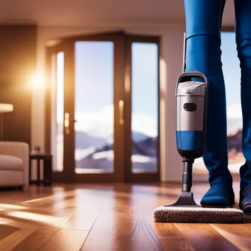 An image of a homeowner using a vacuum cleaner to remove dirt and debris from a hardwood floor, with a pile of winter boots and a doormat nearby