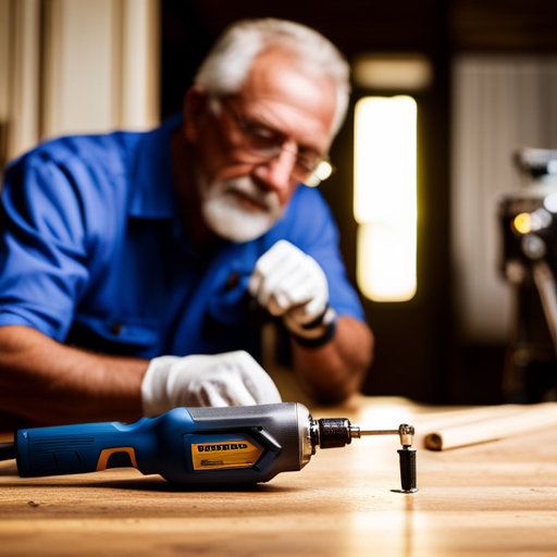 An image of a person using a screwdriver to tighten the screws in a wooden floorboard, with a bottle of lubricant nearby