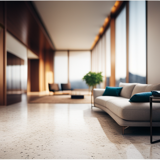 An image of a modern, spacious living room with terrazzo flooring in a soft, neutral color palette