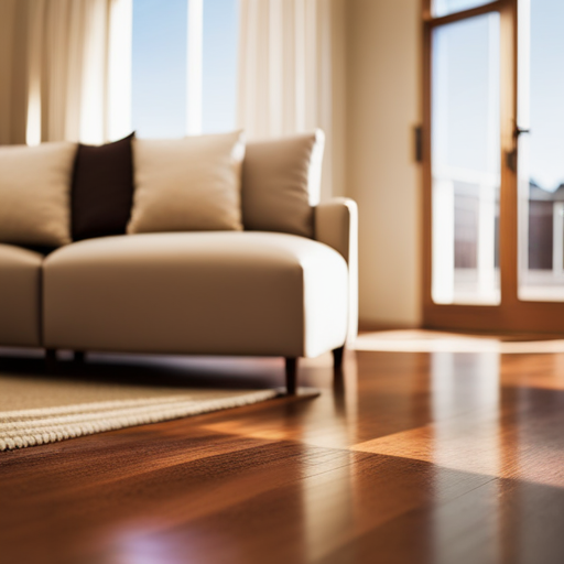 An image of a spacious living room with rich, warm-toned hardwood floors, a large area rug, and natural light streaming in through the windows, showcasing the timeless appeal of hardwood floors in real estate