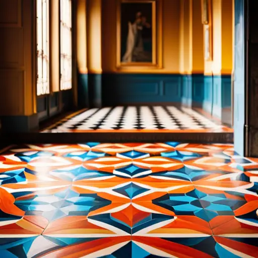 a close-up shot of a hand-painted floor tile, showcasing intricate patterns and vibrant colors