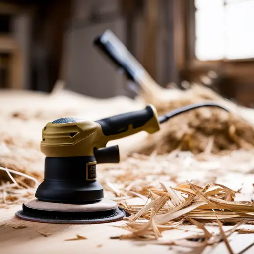 An image of a person using a handheld sander to smooth out a section of hardwood flooring, with sawdust and wood shavings scattered on the ground, and the natural grain of the wood visible