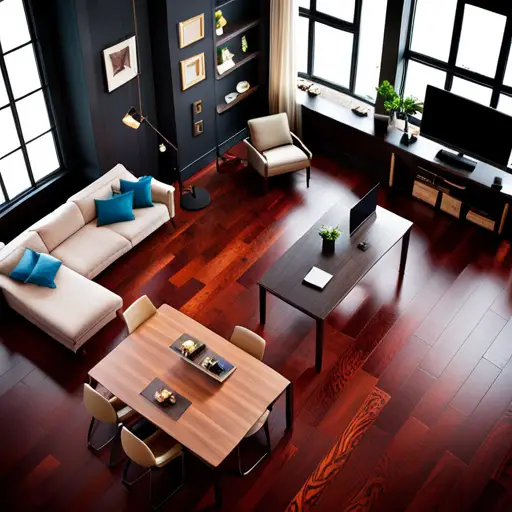 an overhead shot of a spacious room with rich, dark Brazilian cherry hardwood floors, showcasing the intricate grain pattern and elegant, glossy finish