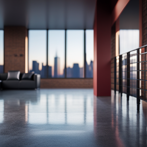 An image that showcases the contrast between polished concrete floors and exposed brick walls in a modern urban loft