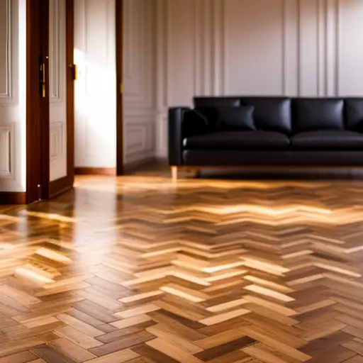 an image of a well-worn, herringbone patterned parquet floor in a cozy, sunlit room