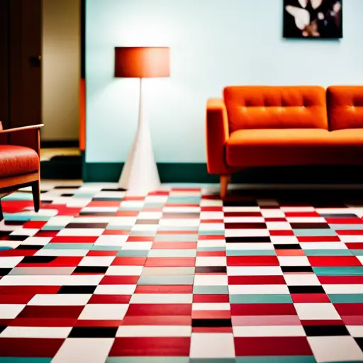 An image of a room with bold, geometric patterned linoleum flooring in a vibrant color palette, paired with mid-century modern furniture and vintage accents