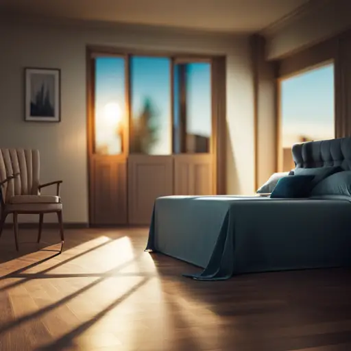 a room with natural sunlight streaming in, casting shadows and highlighting the texture and color variations of the flooring