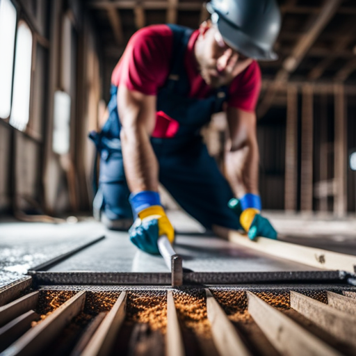 An image of a subfloor being carefully inspected and repaired, with a level, moisture meter, and patching materials visible